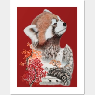 Red panda and autumn landscape Posters and Art